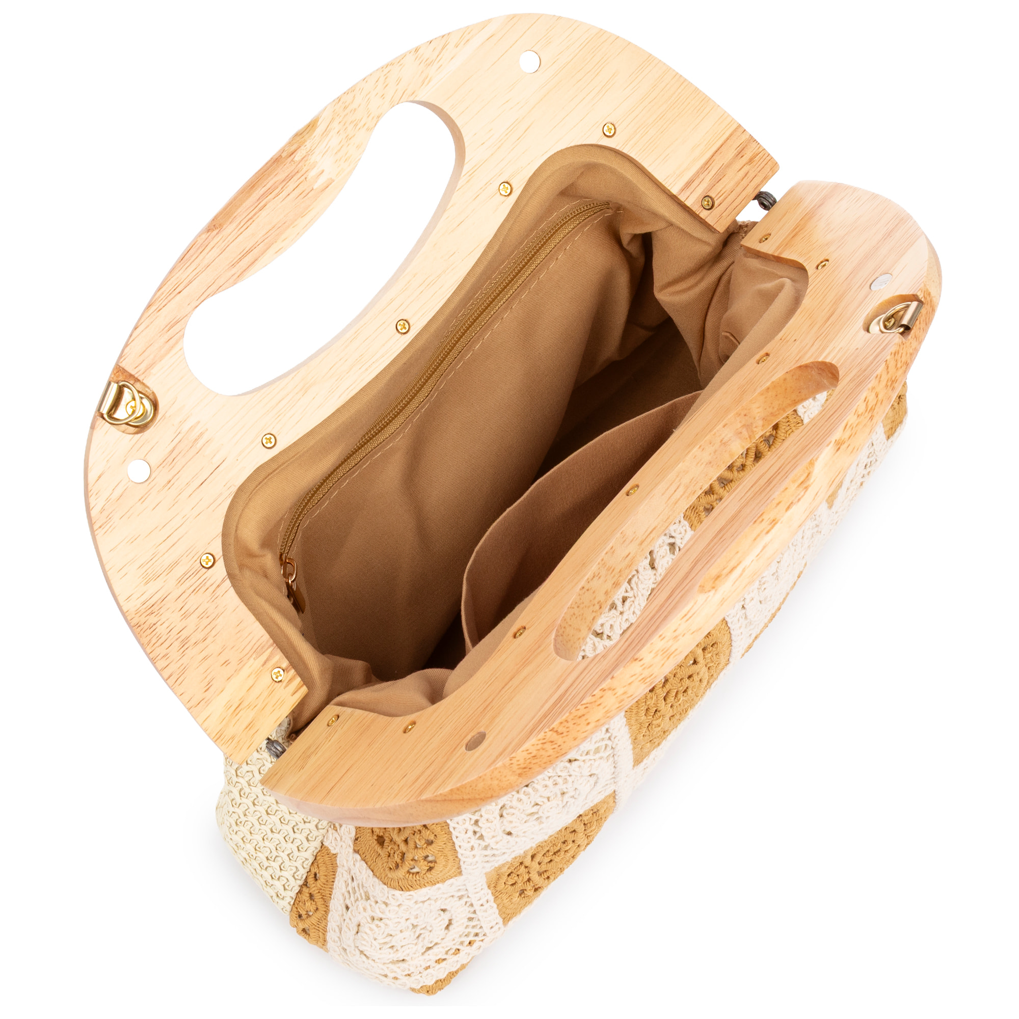 Barbaira Bolso de mano Mujer. Fabricado en madera natural y algodón.