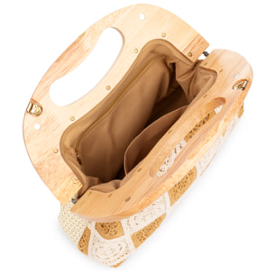 Barbaira Bolso de mano Mujer. Fabricado en madera natural y algodón.