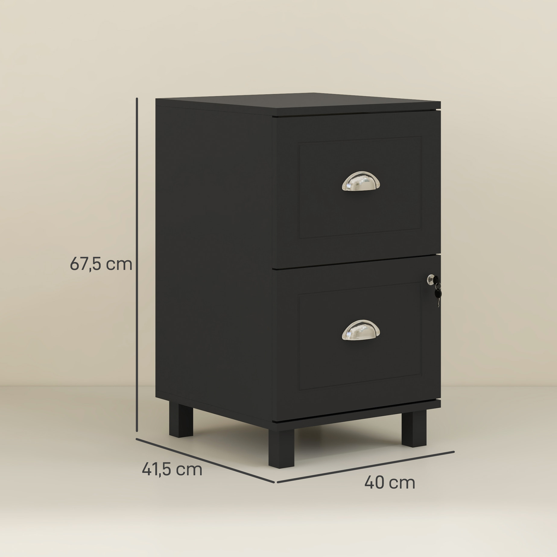 Cajonera de Oficina Mueble Archivador con 2 Cajones Cajonera para Escritorio con Cerraduras Carpetas Suspendidas para A4 y Carta 40x41,5x67,5 cm Negro