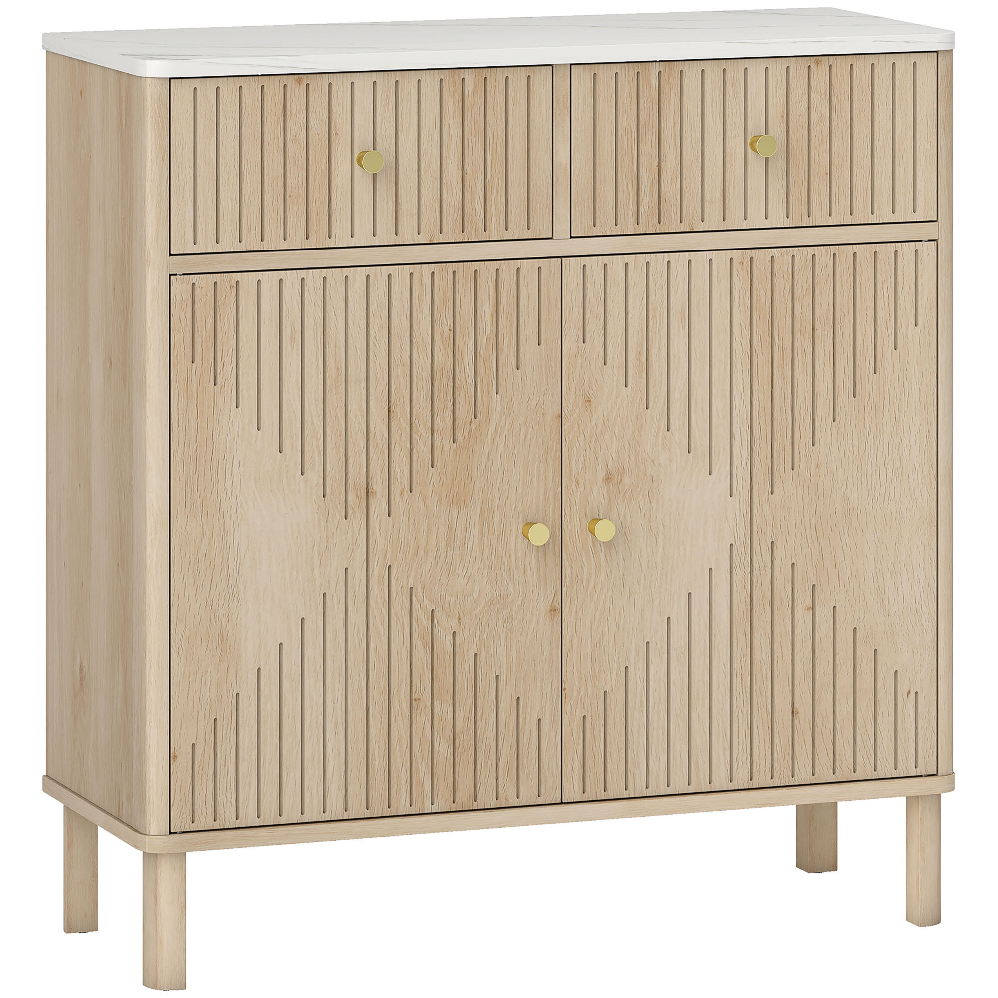 Buffet 2 portes style bois naturel plateau effet marbre blanc dim. 77 x 30 x 80 cm poignées métal doré