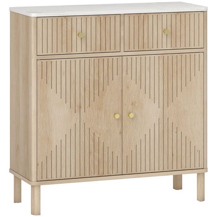 Buffet 2 portes style bois naturel plateau effet marbre blanc dim. 77 x 30 x 80 cm poignées métal doré