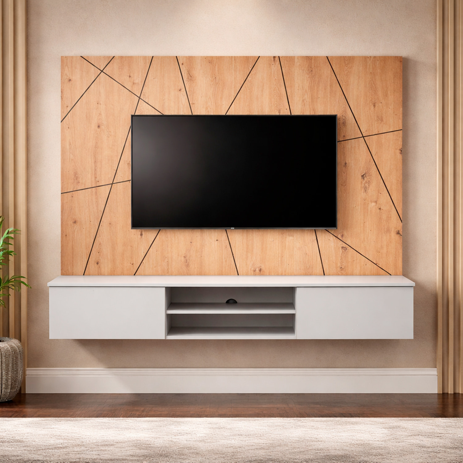 Parete Attrezzata Moderna Per Tv Con Pannello Design Geometrico 2 Ante Ribalta  E 1 Vano A Giorno Mobile 160 x 35 x 148 Cm Grigio E Rovere