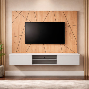 Parete Attrezzata Moderna Per Tv Con Pannello Design Geometrico 2 Ante Ribalta  E 1 Vano A Giorno Mobile 160 x 35 x 148 Cm Grigio E Rovere