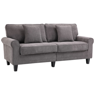 Canapé 3 places dim. 197L x 84P x 90H cm coussin déco. inclus pieds bois massif pin tissu aspect velours côtelé gris