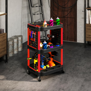 Servante chariot d'atelier multi-rangement 3 niveaux 2 panneaux perforés crochets rouge noir