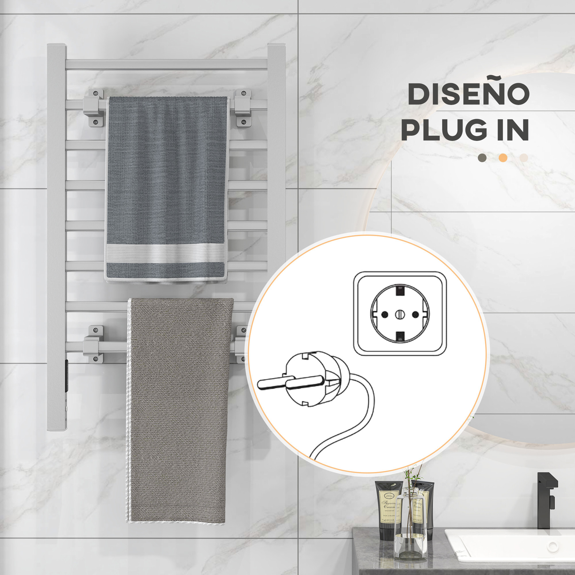 Toallero Eléctrico de Pared o Suelo 150 W Radiador Toallero Eléctrico de Aleación de Aluminio con Función de Temporizador y 8 Barras para Baño 53x35x90 cm Plata