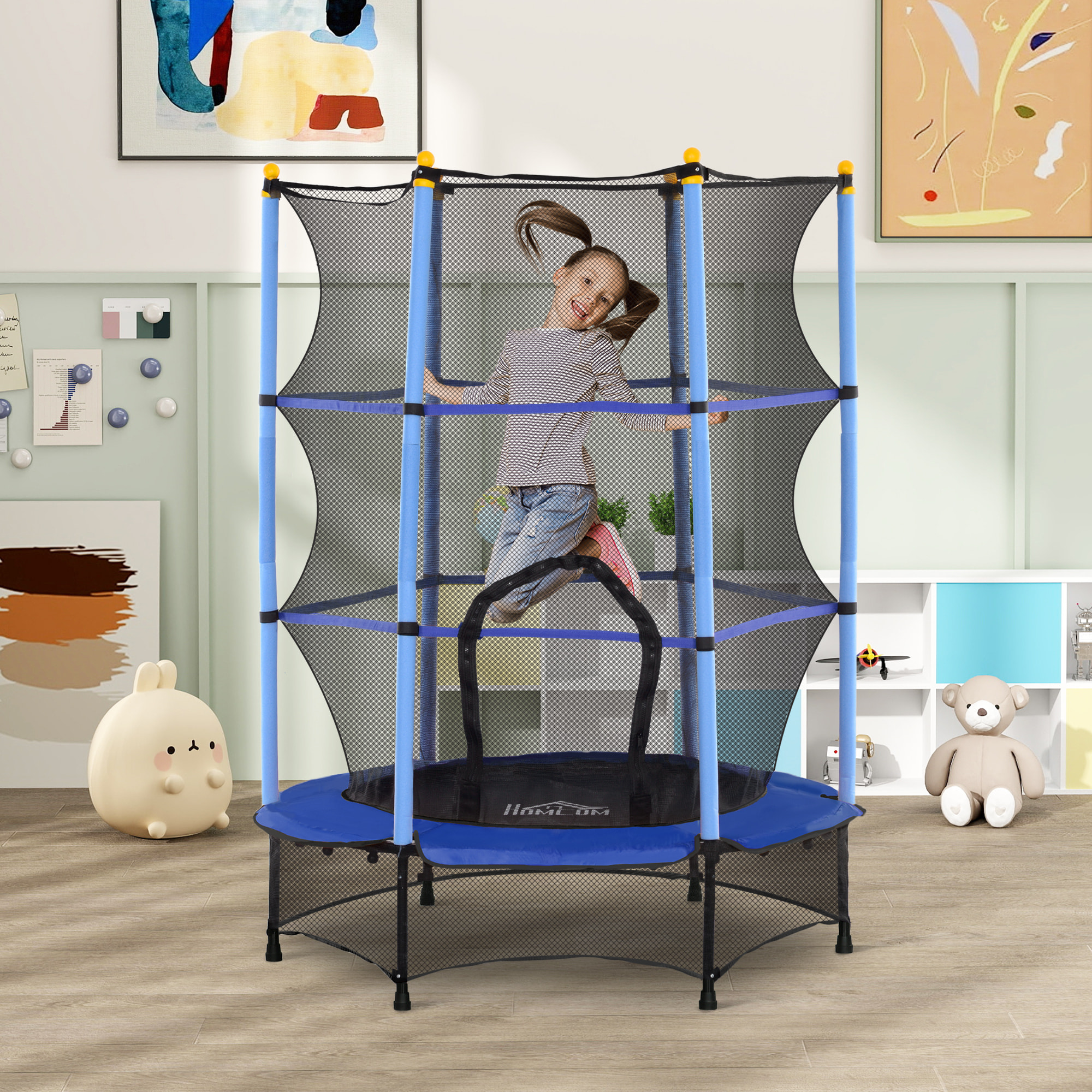 Cama Elástica Infantil Ø140x190 cm Trampolín para Niños de +3 Años con Red de Seguridad y Marco de Acero para Interior y Exterior