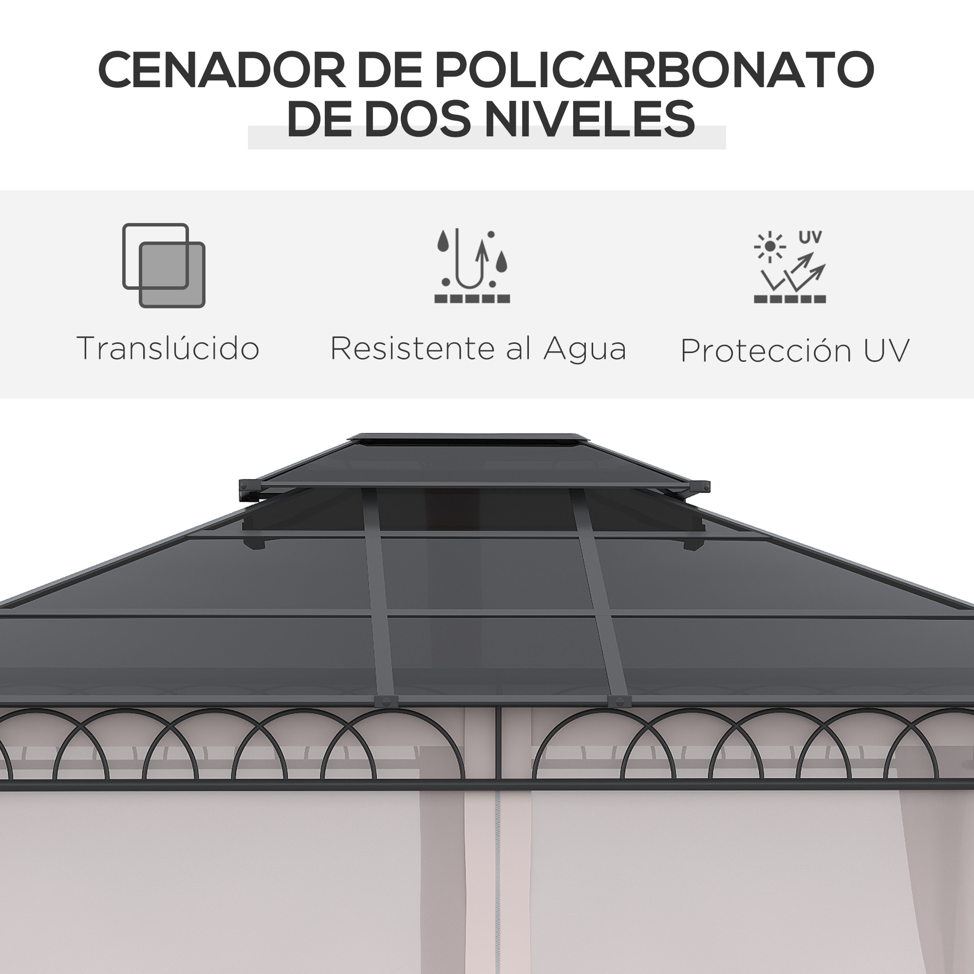 Cenador de Jardín 3,6x3m con Techo Doble de Policarbonato 4 Cortinas Mosquiteras