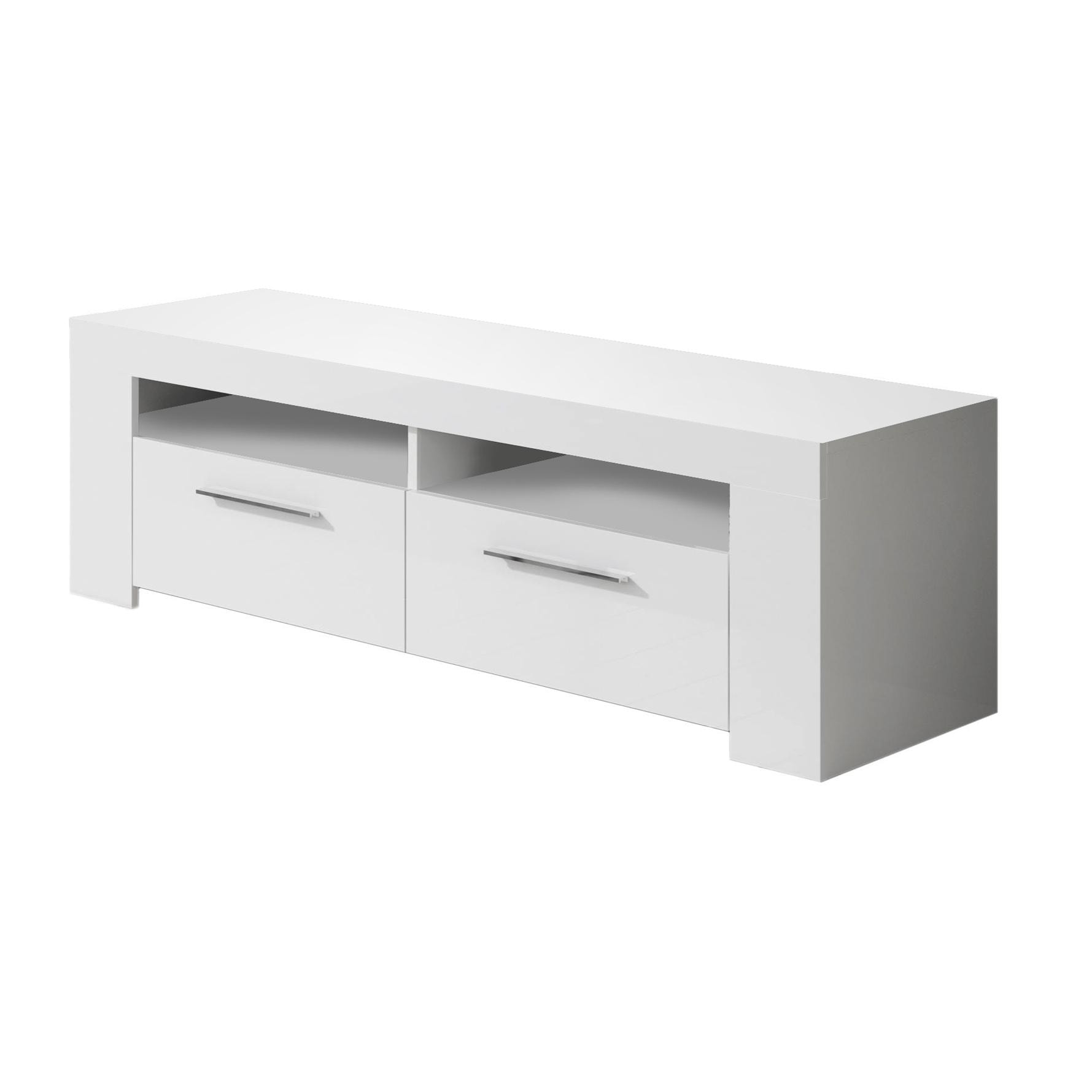 Mobile porta TV Stamford, Credenza per televisione da soggiorno, Supporto TV a 2 ante, Credenza bassa da salotto, cm 120x42h40, Bianco lucido