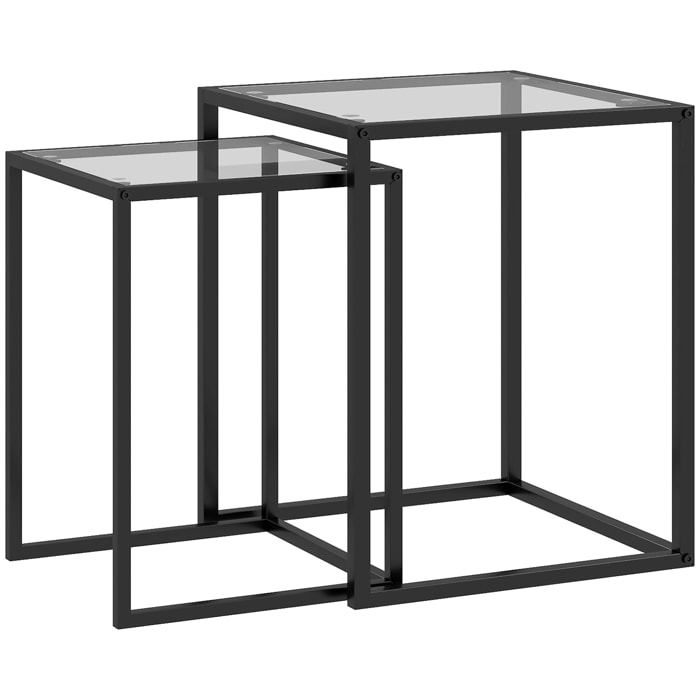 Conjunto de 2 Mesas Auxiliares Cuadradas Juego de Mesas de Centro Apilables con Encimera de Vidrio Templado y Marco de Acero para Salón 33x33x45,5 cm y 42x42x51 cm Negro