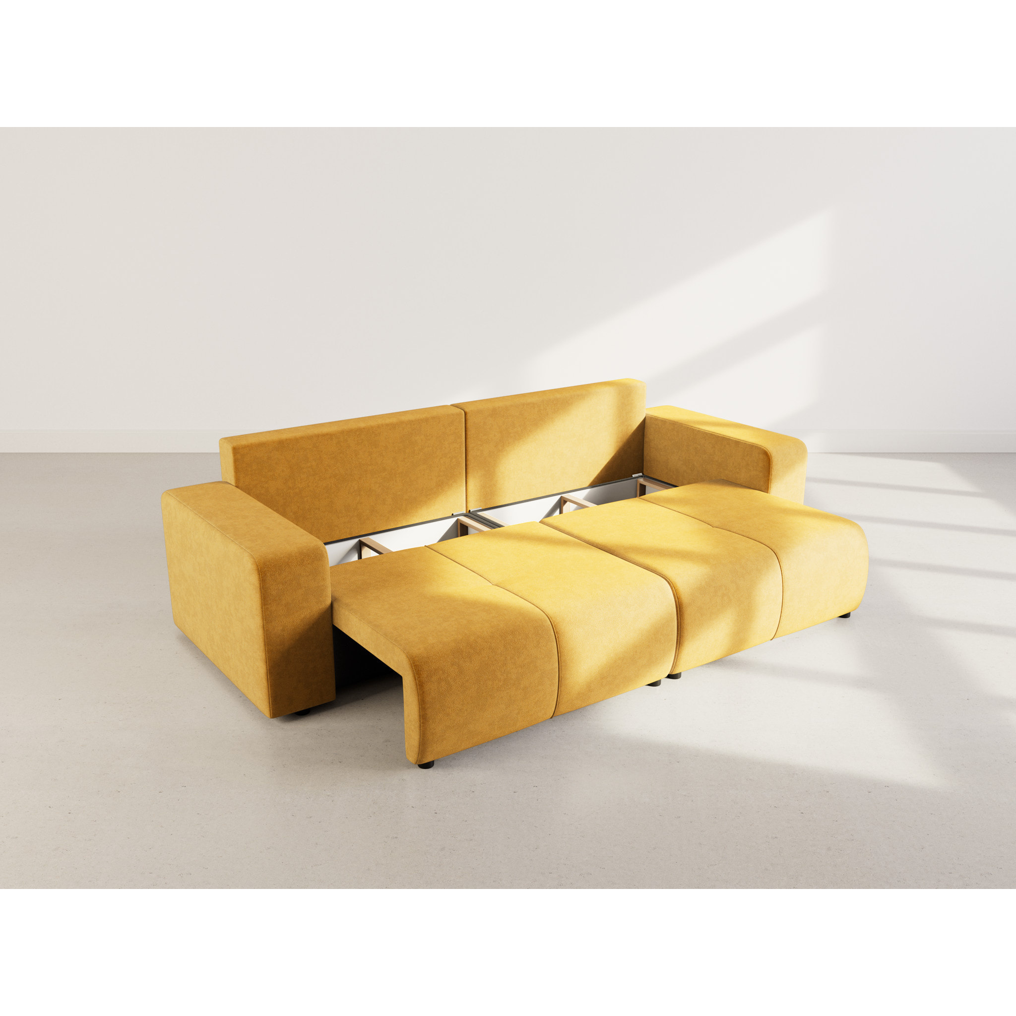 Nicole - Canapé droit 4 places convertible avec coffre en tissu - Jaune