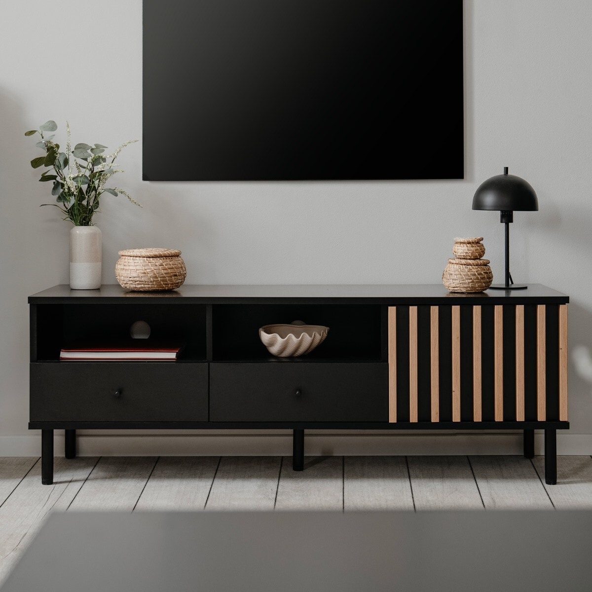 Meuble TV 1 porte, 2 tiroirs, 2 niches - MORGAN