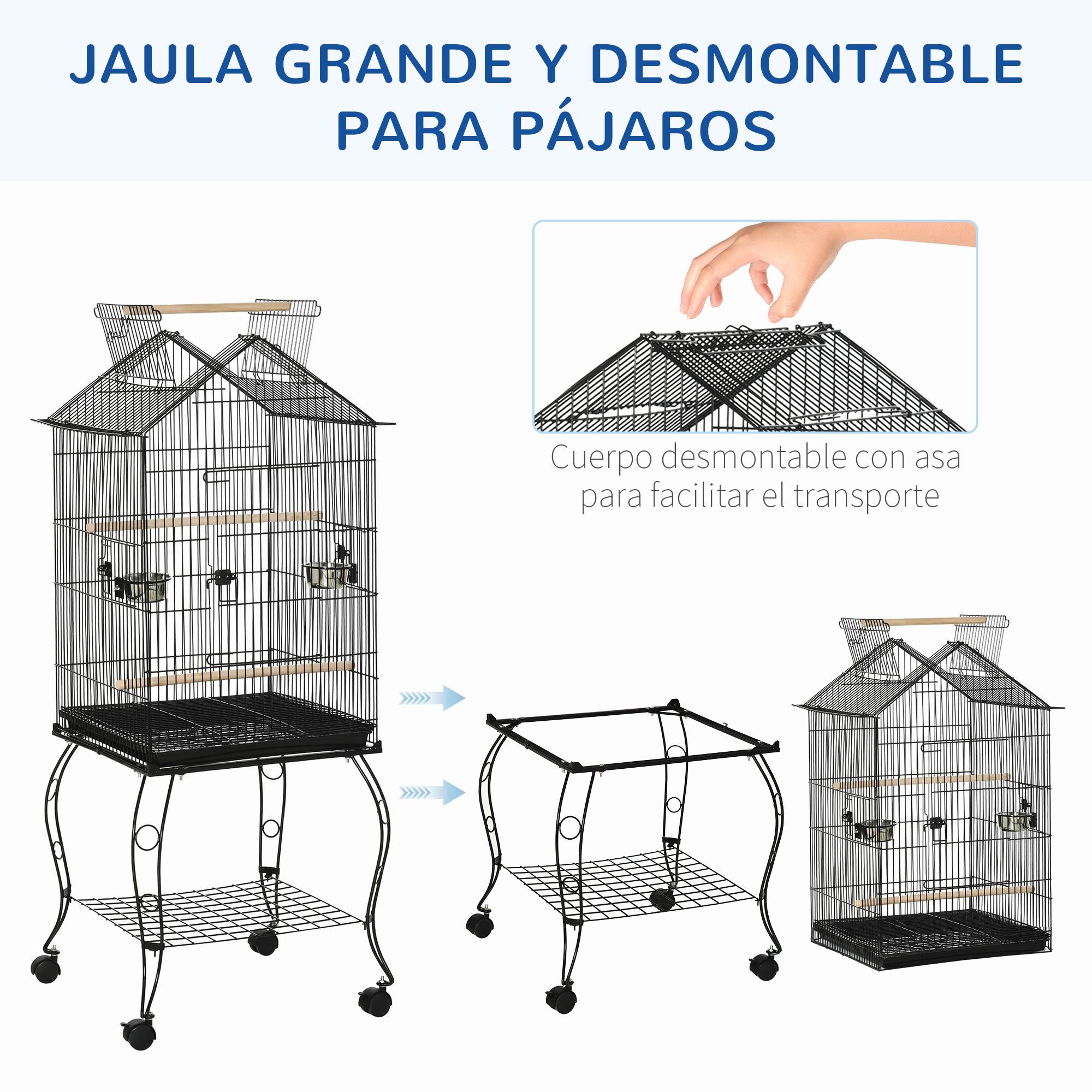 Jaula para Pájaros 50x58x145 cm Pajarera Metálica con 3 Puertas 2 Comederos 3 Perchas Bandeja Extraíble Estante Abierto y 4 Ruedas para Canarios Periquitos Negro