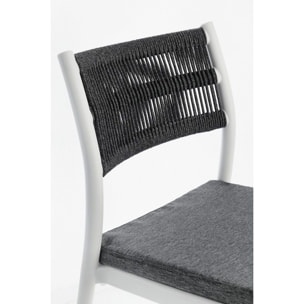 Set di 4 sedie ALVIN in polipropilene bianco e corda intrecciata grigio scuro, impilabili