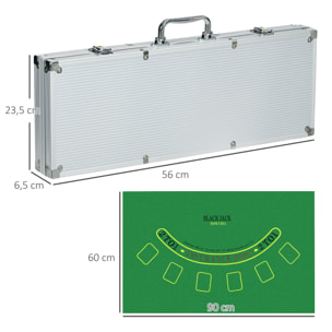 Juego de Póker Profesional, Maletín de Póker de Aluminio con 500 Fichas de 11,5 g, 2 Barajas de Cartas, 5 Dados, Tapete y Botón de Crupier, para 9-10 Jugadores con Cerradura, Plateado
