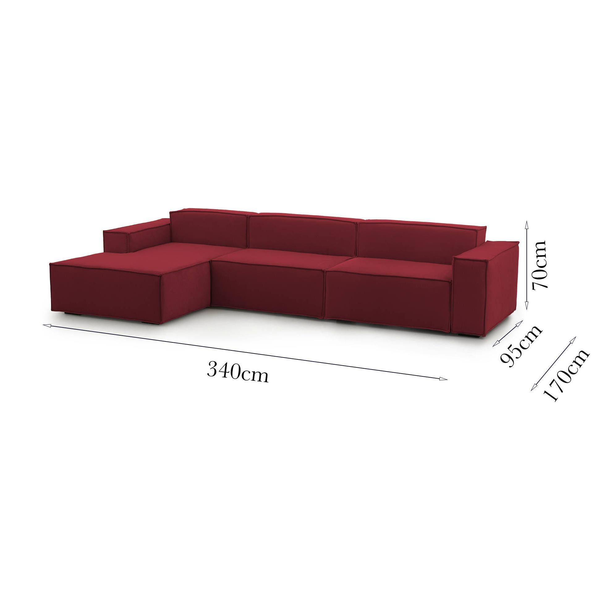 Divano fisso Licia, Divano componibile a 4 posti con penisola sinistra, 100% Made in Italy, Sofà moderno in tessuto, Cm 340x170h70, Rosso