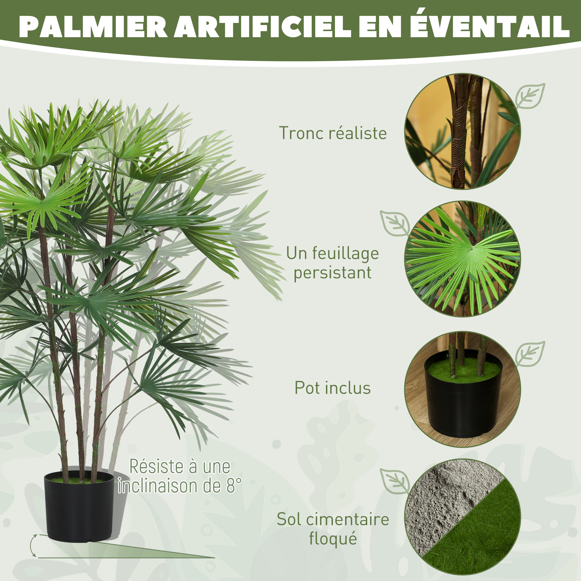 Palmier artificiel - plante artificielle H.90cm - 3 pieds 24 feuilles grand réalisme - pot inclus