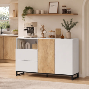 Aparador de 2 Puertas, Aparador de Salón Estrecho con 2 Cajones, Compartimento Abierto, Armario de Cocina con Estante Ajustable, para Entrada, Dormitorio, 140x40x85 cm, Blanco y Roble