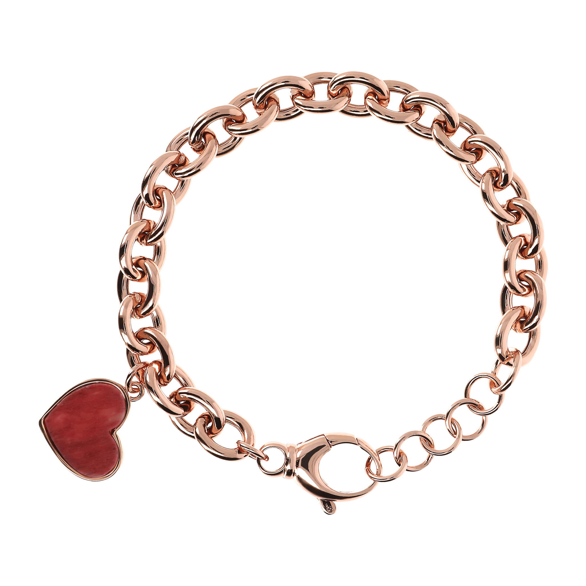 Bracciale Catena Rolo con Ciondolo Cuore in Pietra Naturale di Quarzite Rossa