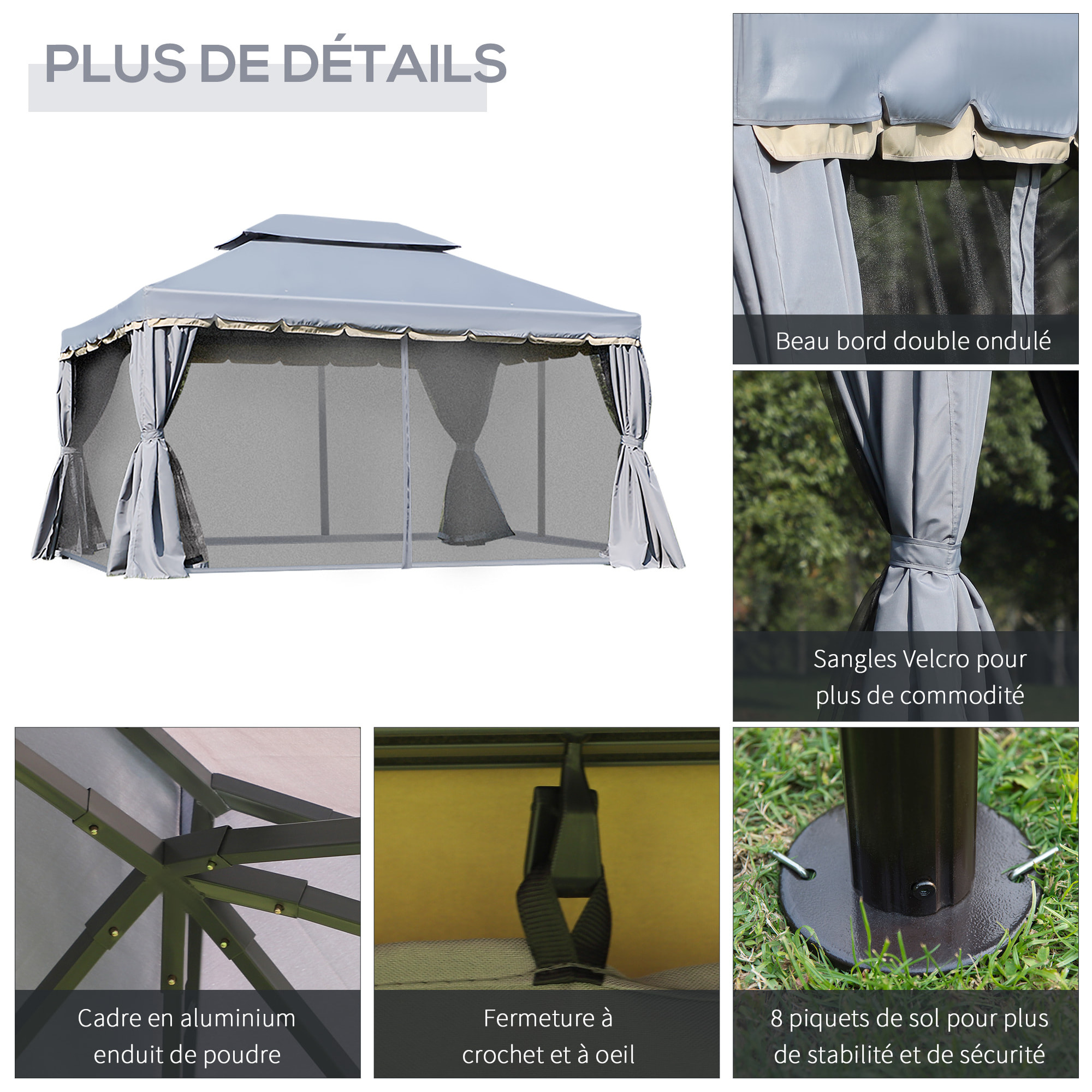 Tonnelle barnum pavillon de jardin style colonial double toit toile moustiquaires et toiles amovibles 3,9L x 2,9l x 2,8H m gris