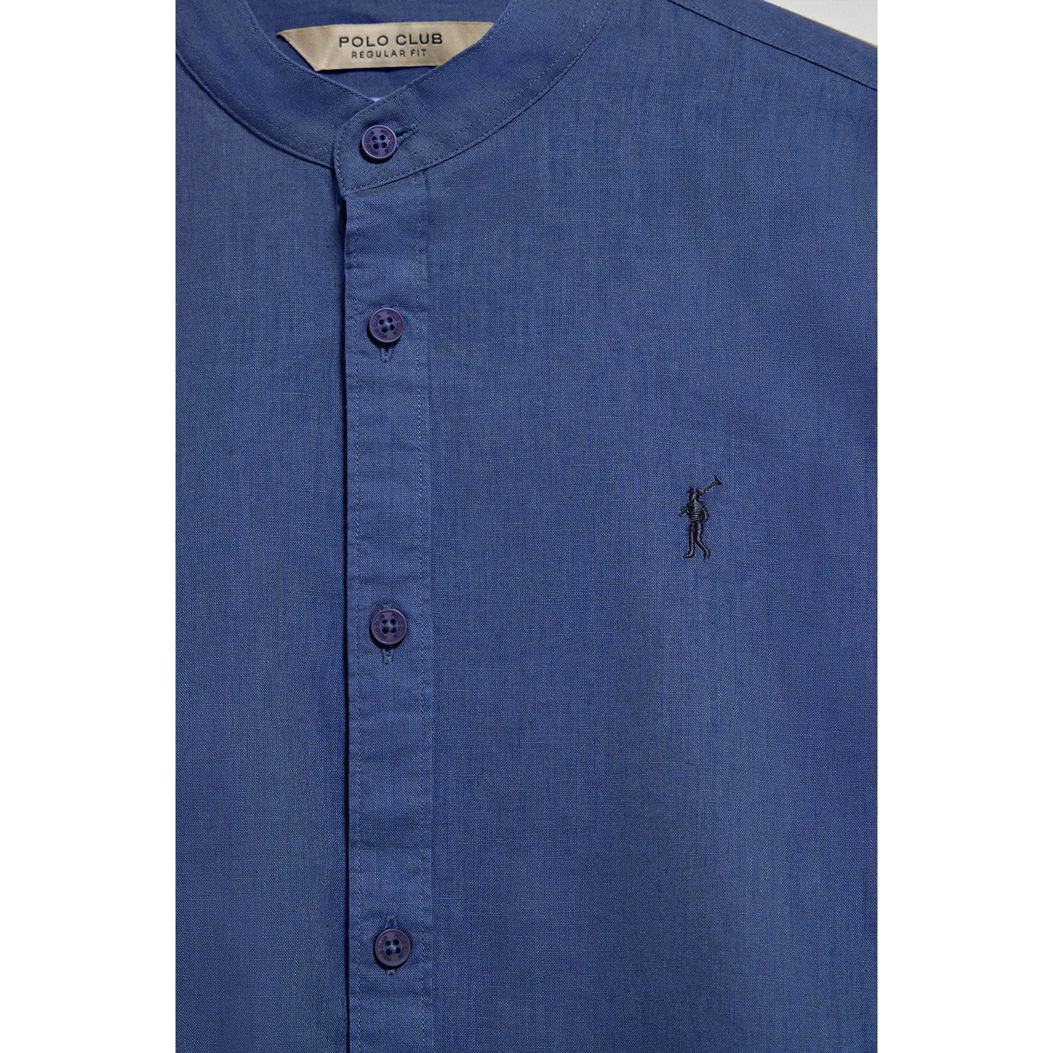 Camicia blu presidenziale con colletto alla coreana in lino-cotone con ricamo Rigby Go