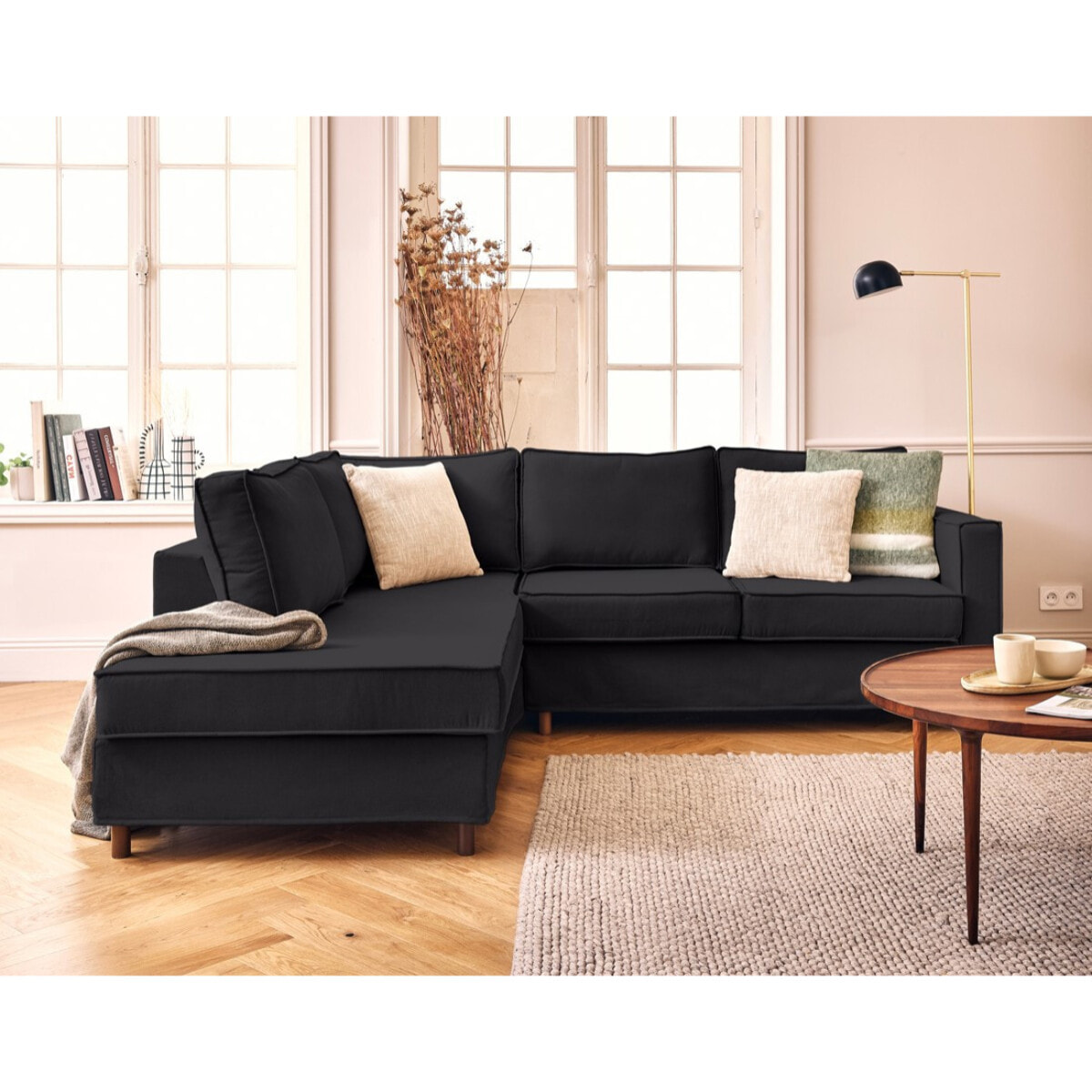 Jake - canapé déhoussable d'angle gauche 5 places en tissu - Noir