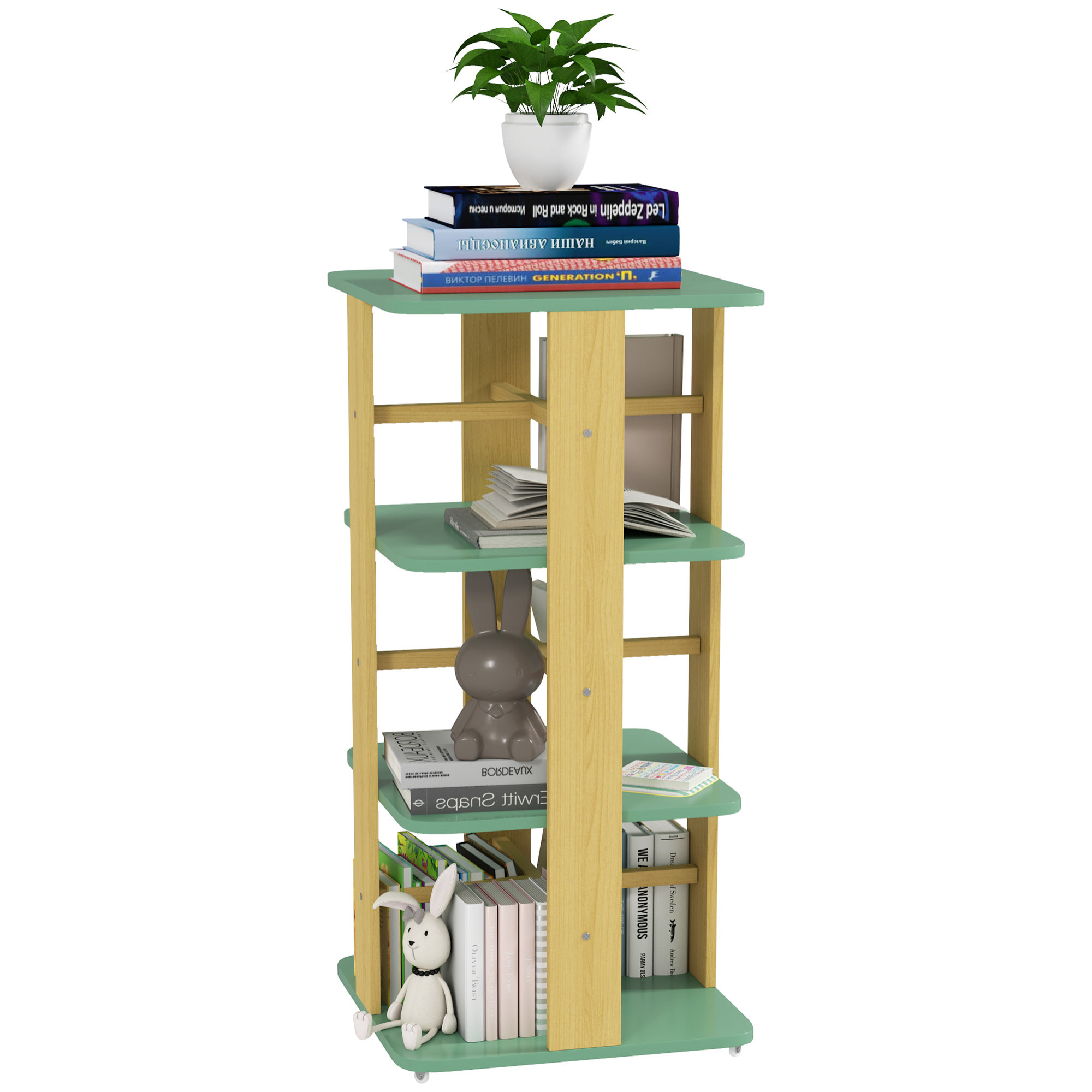 Bibliothèque enfant mobile sur roulettes - 4 niveaux rangement - bois de pin MDF vert