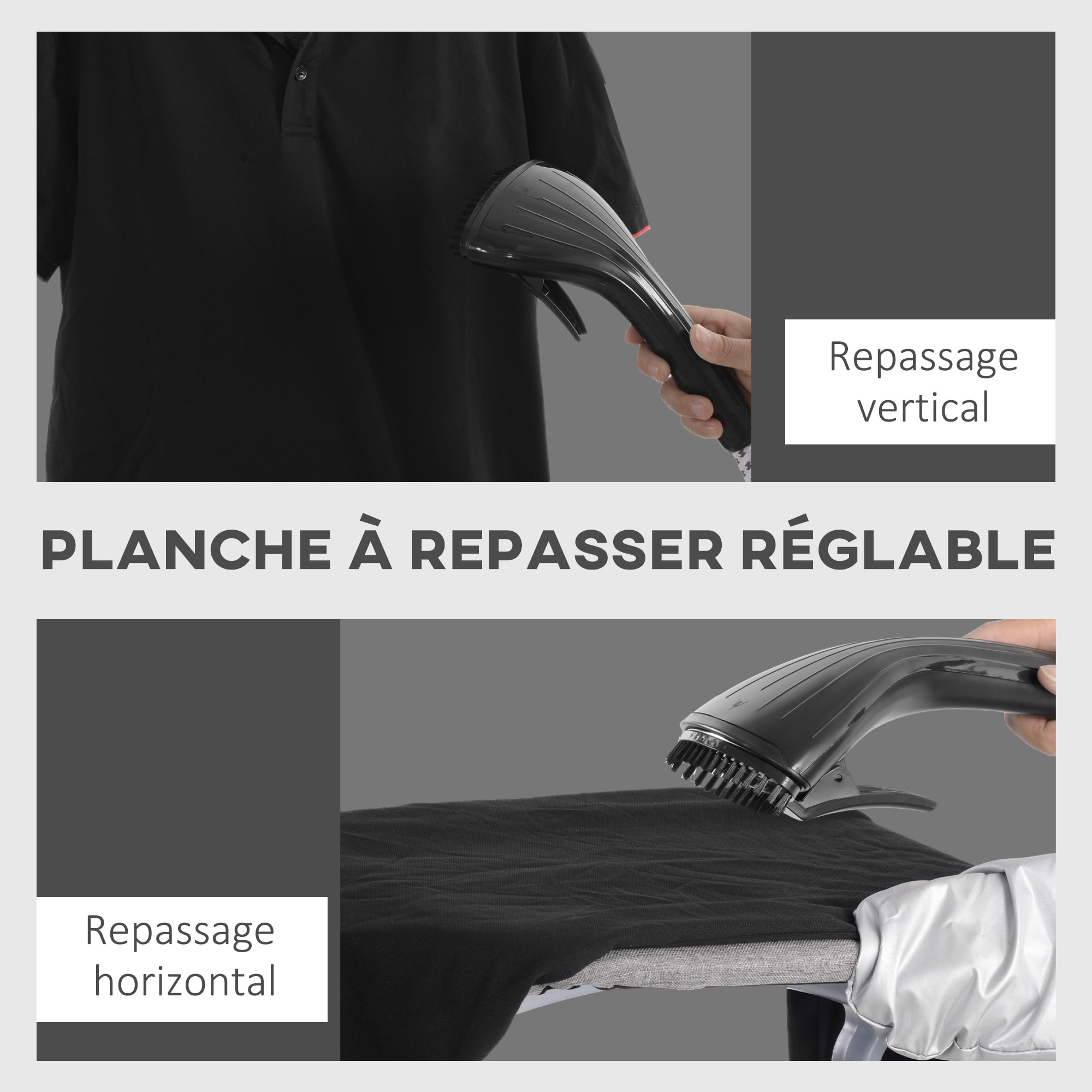 Défroisseur à vêtements 1950 W planche à repasser intégrée réservoir d'eau 2 L tige telescopique gant + cintre fournis noir