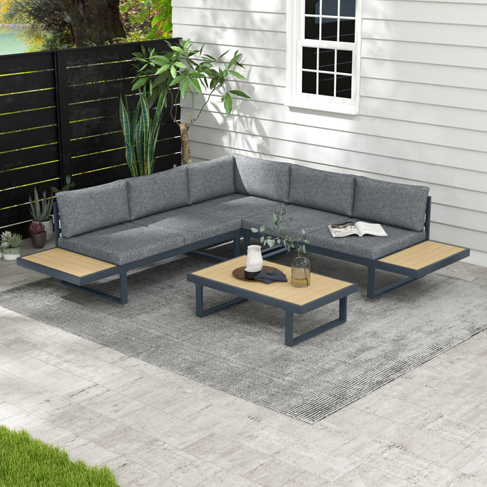 Salon de jardin d'angle 5 places avec table basse coussins alu gris aspect bois