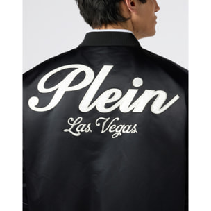 PHILIPP PLEIN Shiny Satin Varsity Bomber Signature Las Vegas