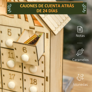 Calendario de Adviento de Madera con Luces Calendario de Navidad con 24 Cajas de Cuenta Regresiva Decoración Navideña para Rellenar 26,6x6x30 cm Natural