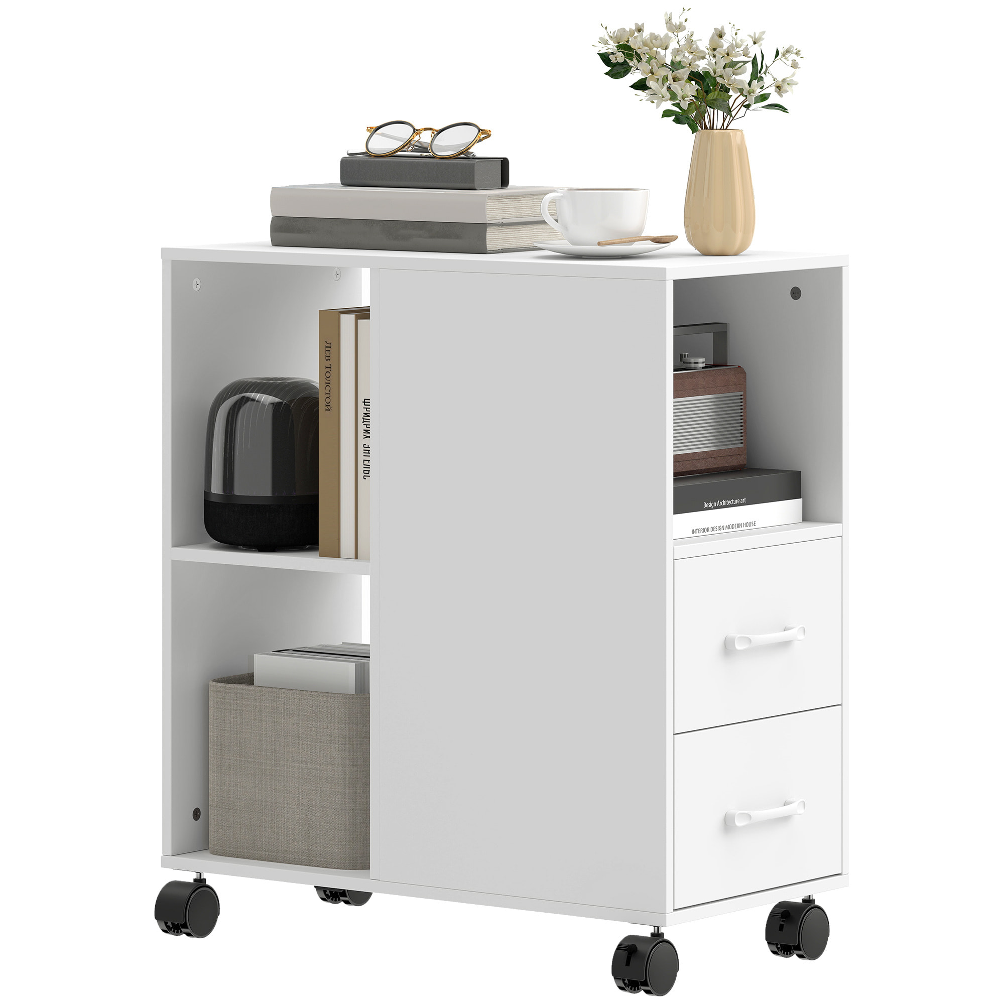 HOMCOM Mueble para Impresora con Ruedas, Mesa para Impresora con 2 Cajones, Estante Ajustable, 3 Compartimentos Abiertos para Documentos Tamaño A4, Carta, Archivador Móvil para Oficina en Casa, Blanco