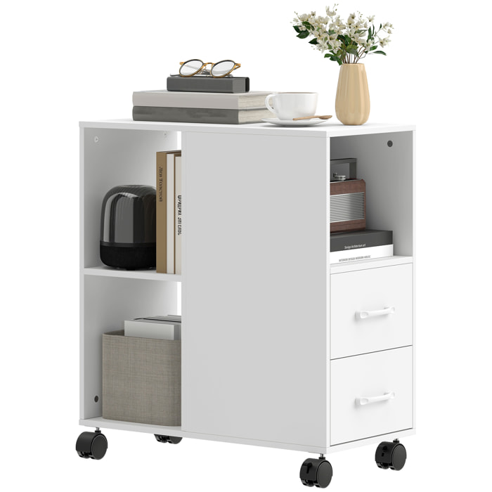 HOMCOM Mueble para Impresora con Ruedas, Mesa para Impresora con 2 Cajones, Estante Ajustable, 3 Compartimentos Abiertos para Documentos Tamaño A4, Carta, Archivador Móvil para Oficina en Casa, Blanco