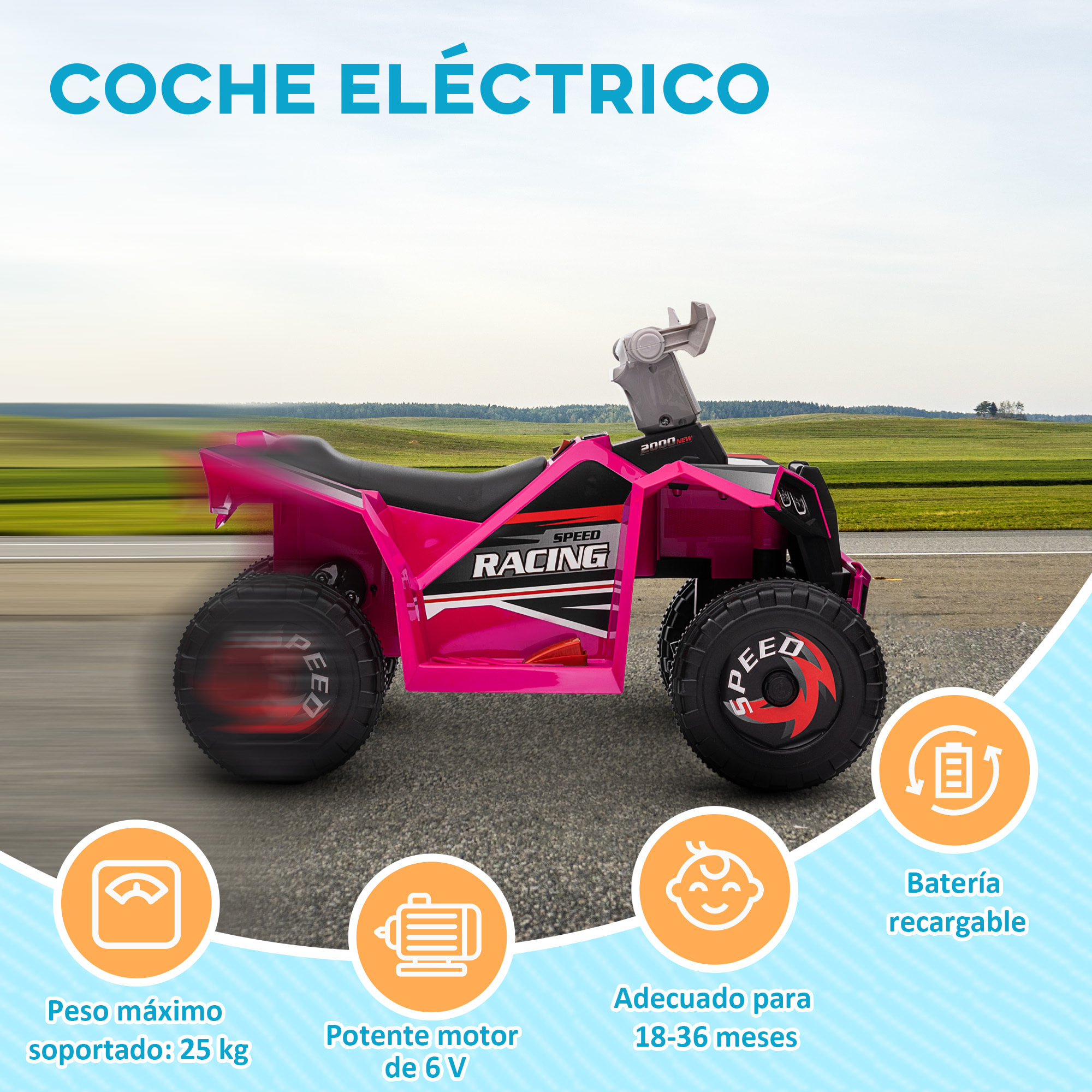 Quad Eléctrico para Niños 6V, Quad para Niños de 18-36 Meses con Avance y Retroceso, Velocidad de 2,5 km/h, Rosa