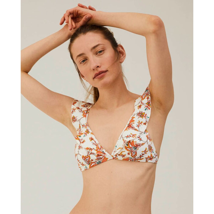 Top de bikini con volante y estampado de flores