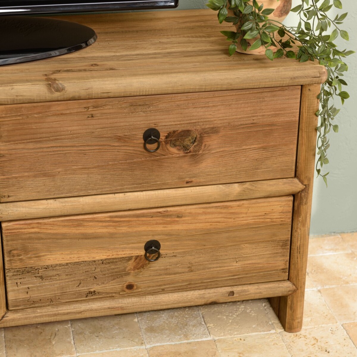 SANDY - Meuble TV 2 tiroirs 2 portes, longueur 155cm bois pin recyclé