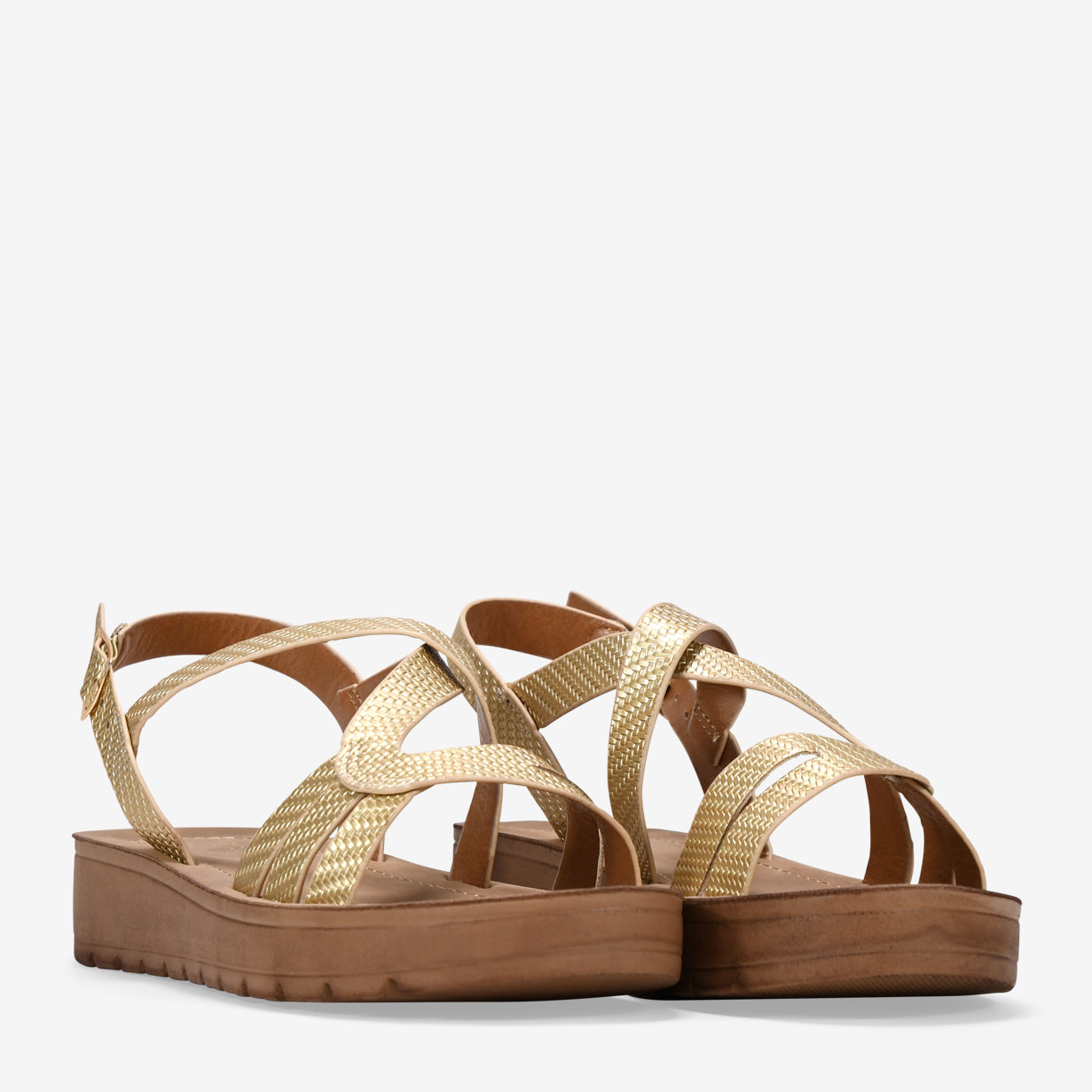 Sandalias de cuña doradas con hebilla