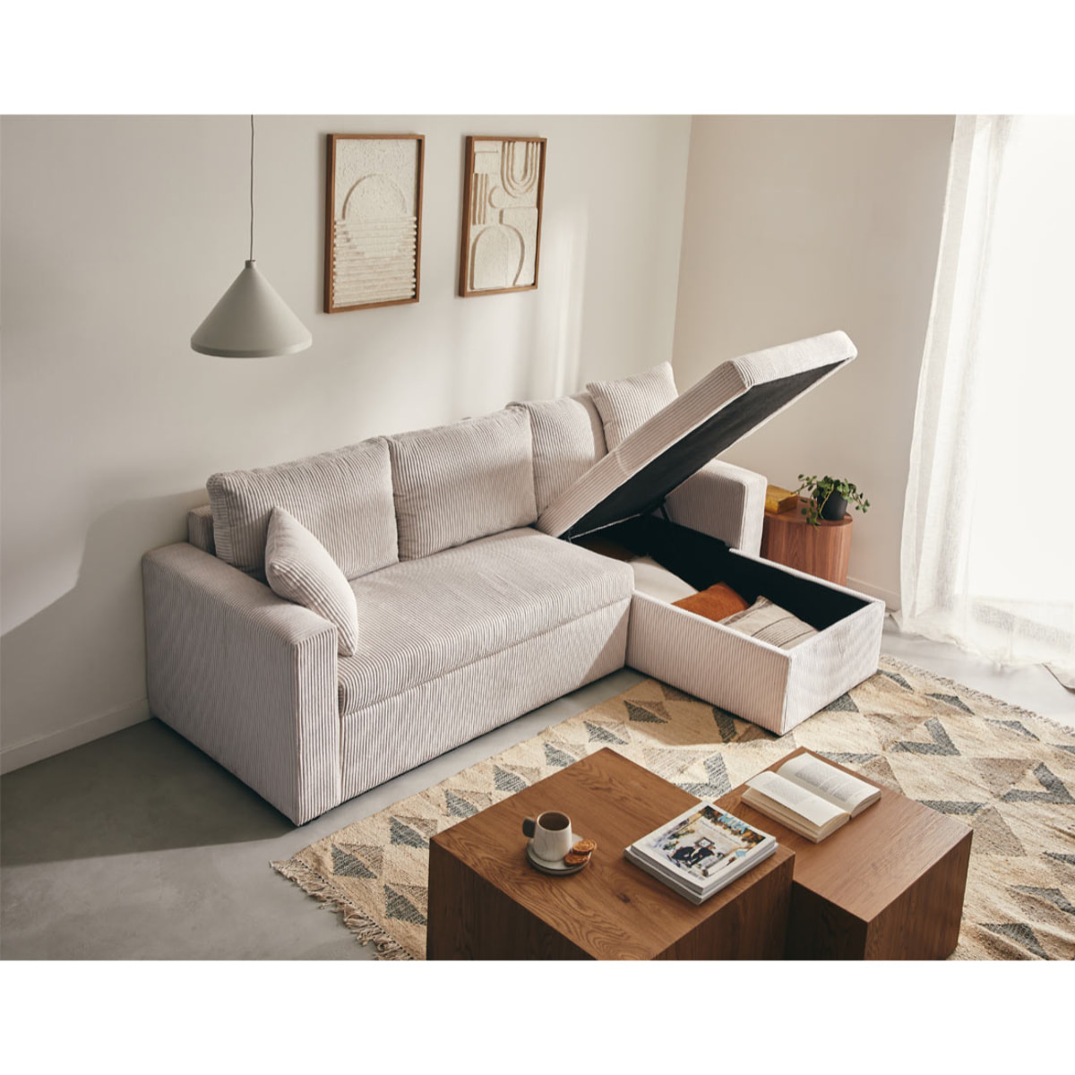 Cyrus - canapé d'angle réversible 4 places - convertible avec coffre - en velours côtelé - Beige
