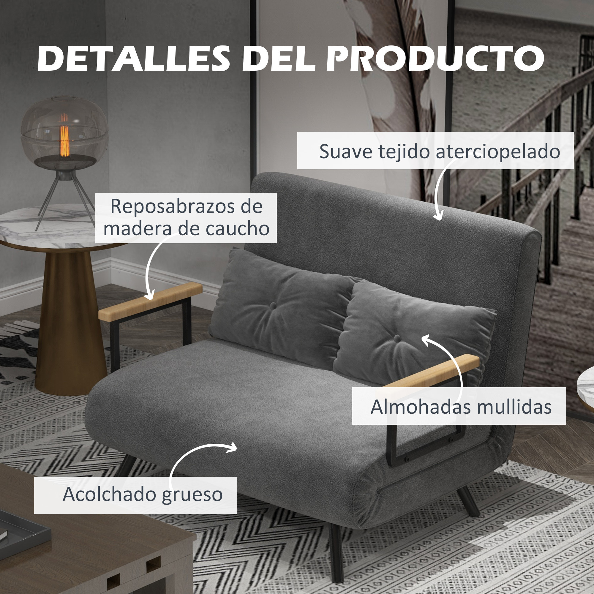 Sofá Cama de 2 Plazas Sofá Cama Plegable Tapizado en Terciopelo con Respaldo Ajustable de 5 Niveles y 2 Almohadas Acolchadas para Oficina Dormitorio Salón 102x73x81 cm Gris