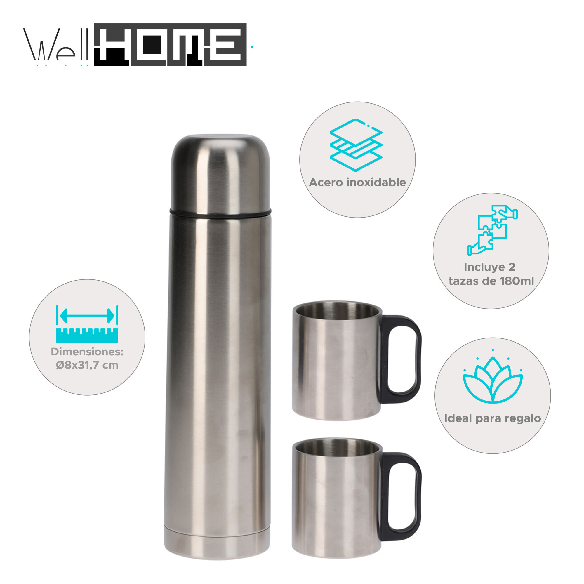 termo de acero inoxidable 1l modelo bullet - incluye 2 tazas de 180ml