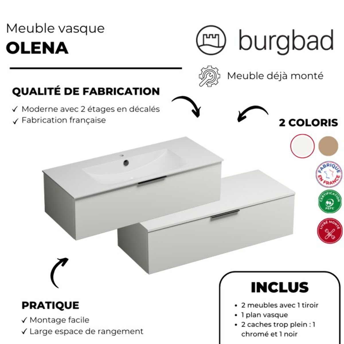 Meuble vasque 120 cm BURGBAD Olena en décalé chêne clair + miroir