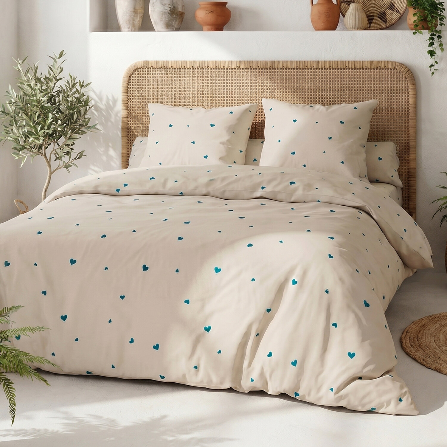 Parure housse de couette 240x220 cm imprimée cœur bleu + 2 taies 100% Coton - LAMOURELLE