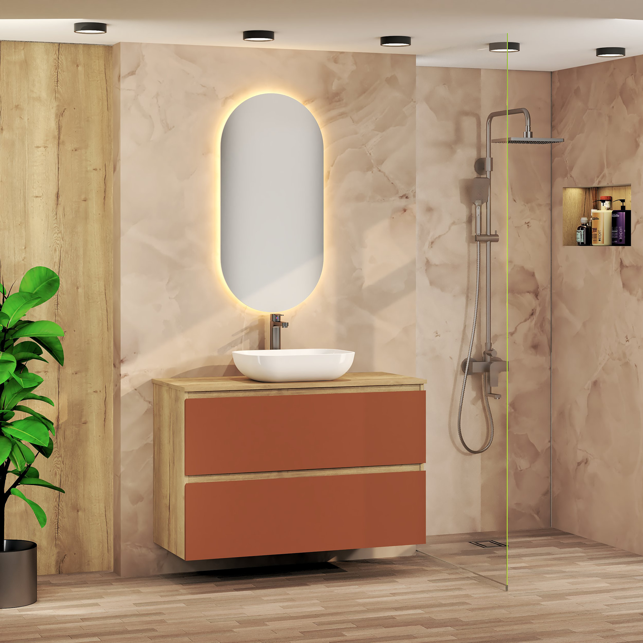 CONJUNTO DE BAÑO NIA | MUEBLE SUSPENDIDO | 100 CM SCARLATO | DOS CAJONES | LAVABO SOBREPUESTO | NO INCLUYE ESPEJO | MUEBLE MONTADO| ALDAY