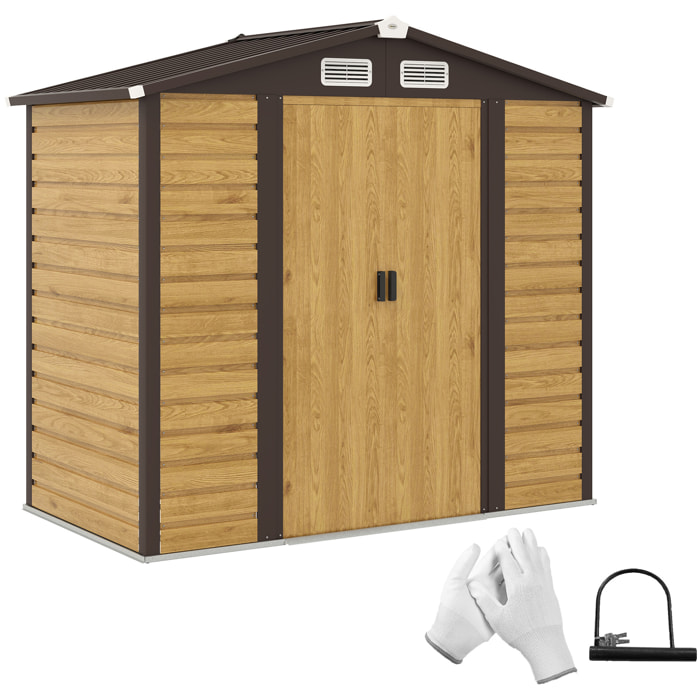 Caseta de Jardín Exterior 2,36m² 213x120x194 cm Cobertizo de Jardín Exterior con Base Refuerzo (Suelo NO Incluido) Puertas Correderas Dobles Candado Ventanas Roble