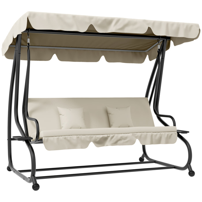 Balancín de Jardín Exterior de 3 Plazas Columpio de Jardín Exterior Convertible en Cama con Toldo Ajustable Soportes Laterales y 2 Almohadas Carga 340 kg 200x120x164 cm Crema