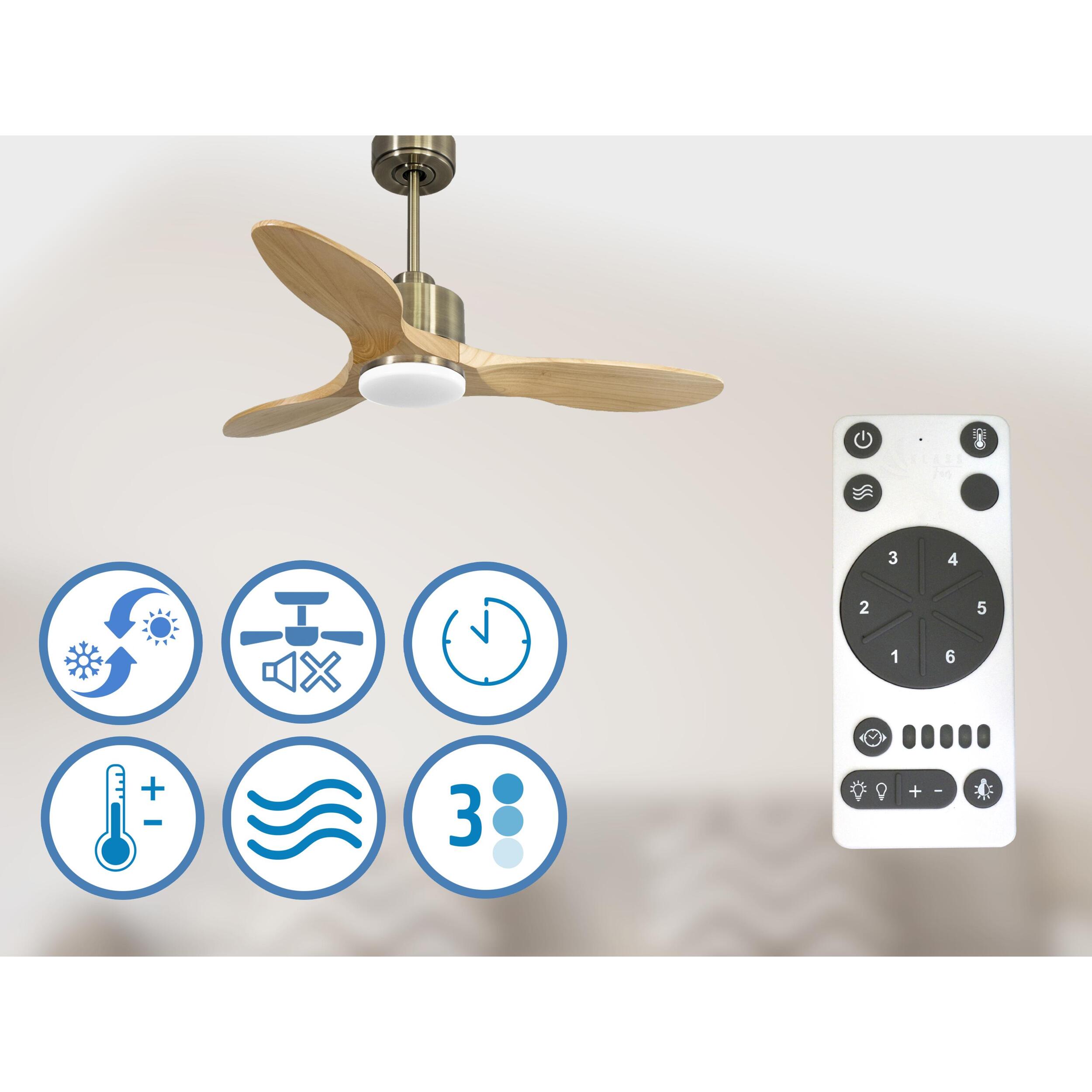 Ventilateur de plafond Réversible  Thermostat Dimmable Wifi Moteur à courant continu Toits en pente Télécommande Lumière à trois tons Hypersilence Mémoire