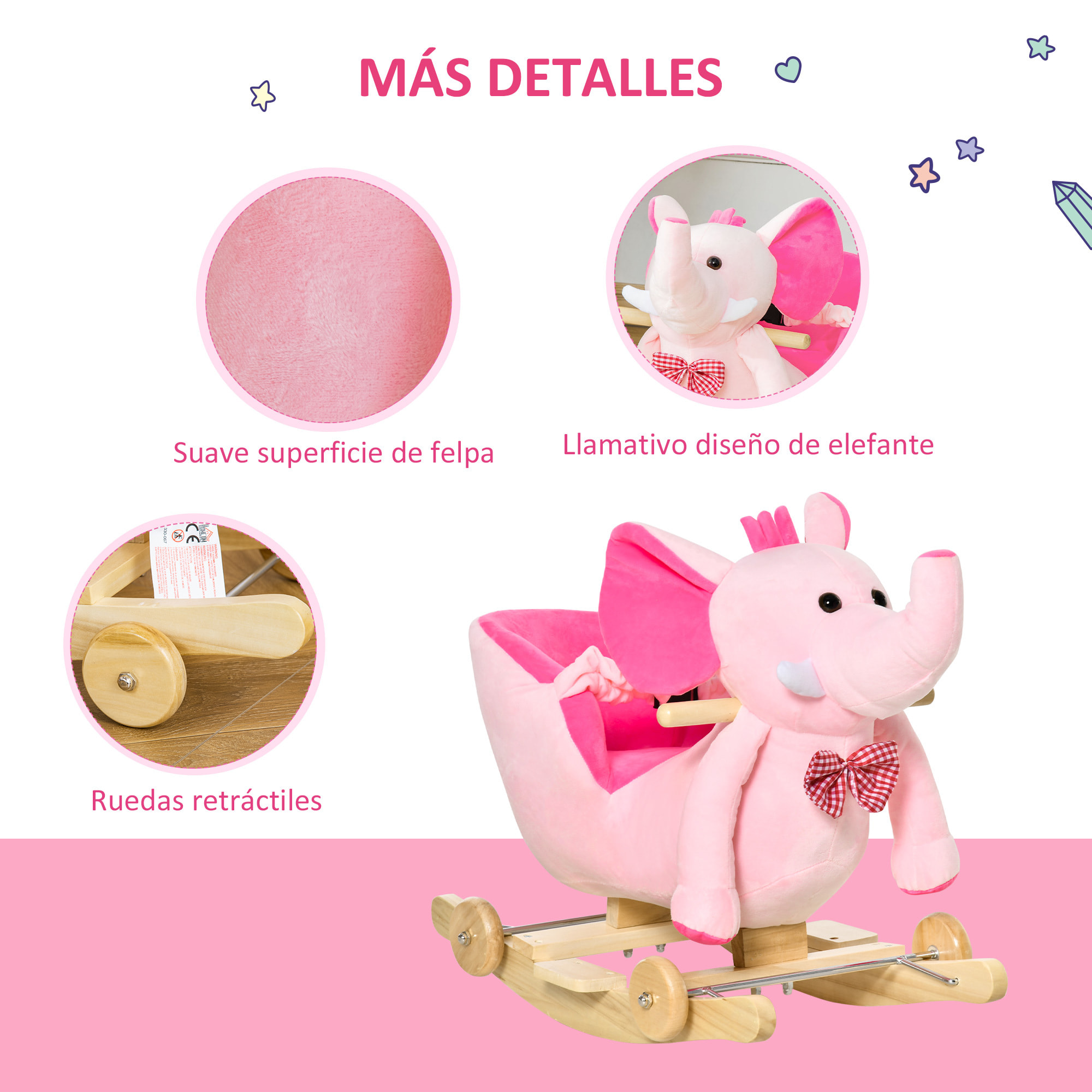 Caballito Balancín con Ruedas Forma de Elefante Caballo Balancín para Bebés de +18 Meses con Músicas Infantiles y Cinturón de Seguridad Carga 60 kg 60x35x45 cm Rosa