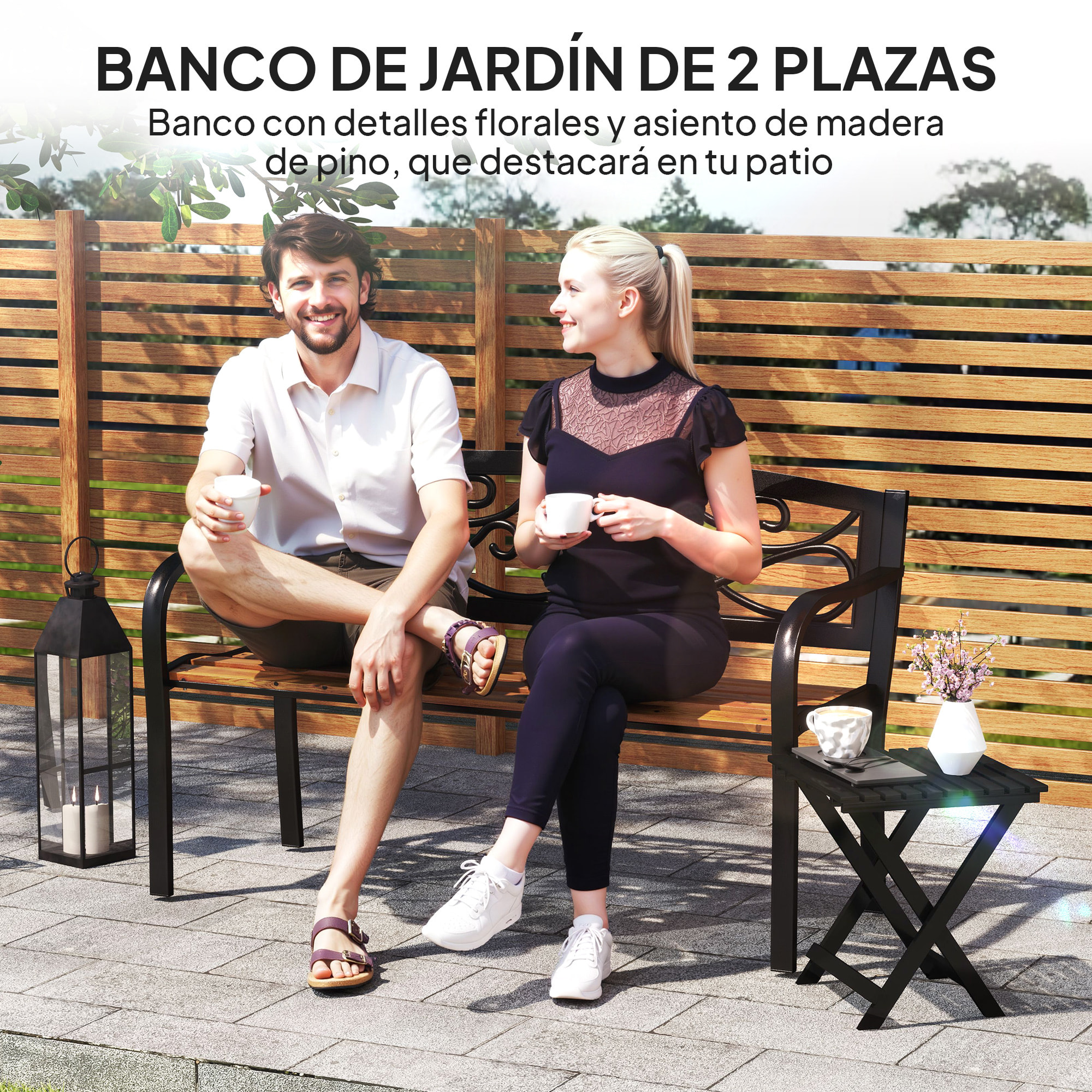 Banco de Jardín Exterior de 2 Plazas Banco de Exterior con Asiento de Madera y Marco de Acero para Patio Terraza 127x56x80 cm Negro y Natural