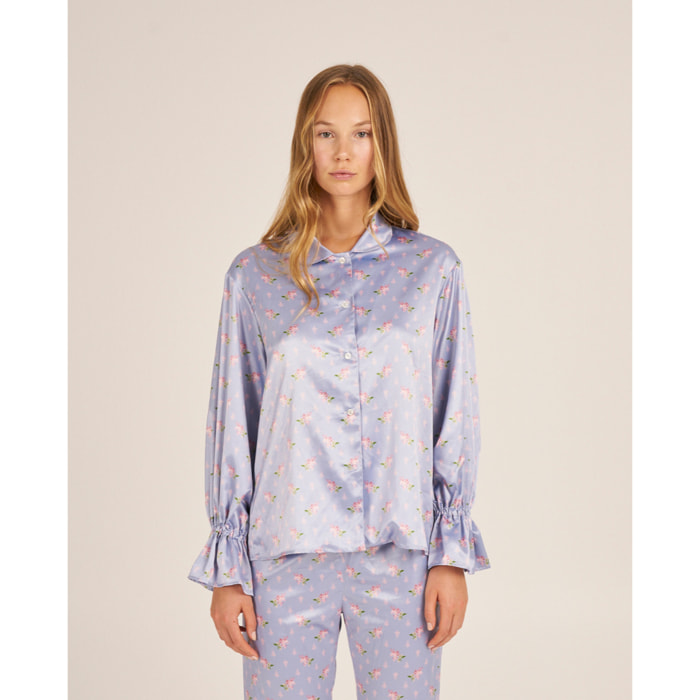 Camiseta de pijama de mujer estampada con volantes en los puños