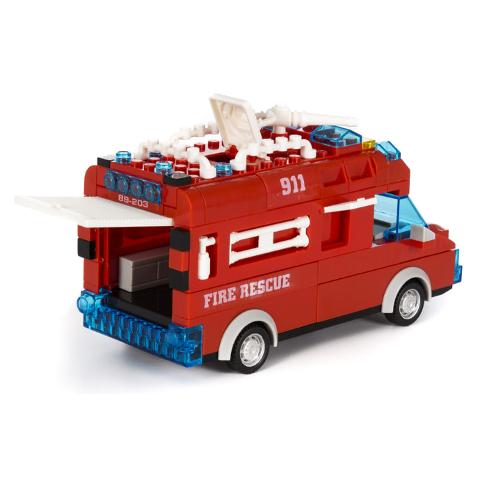 Autopompa con luci ed effetti sonori. Da costruire, 70 pezzi. Funzionamento a inerzia di retrocesso.